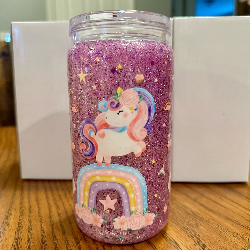 Glittery Unicorn Tumbler with Rainbow Design